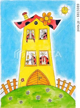 Ladybird beetle family, child's drawing, watercolor painting on paper 6815089