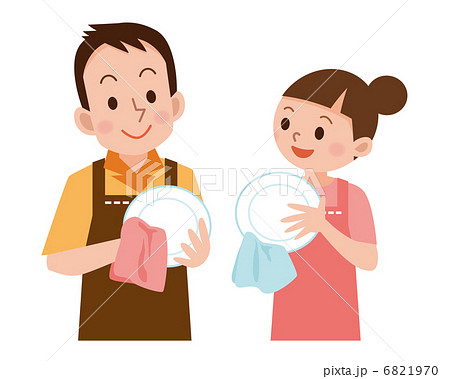 皿を拭くカップルのイラスト素材