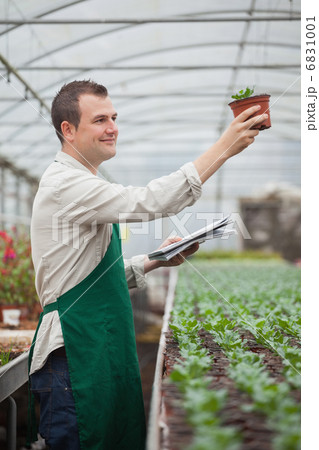 Gardener looking happily at seedling while taking notes 6831001