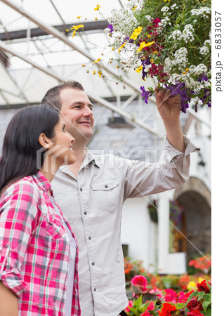 Couple admiring hanging flower basket 6833057