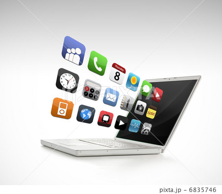 Laptop with application symbols coming from it 6835746