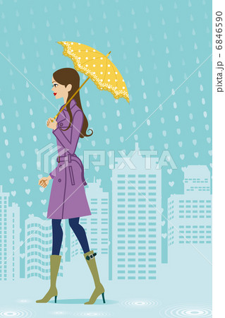 傘をさして歩く女性 ビル街 横向きのイラスト素材