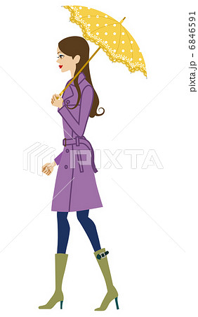 傘をさして歩く女性 横向き 白バックのイラスト素材