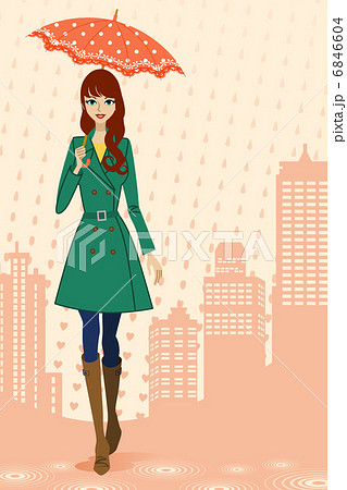 傘をさして歩く女性 ビル街 正面のイラスト素材