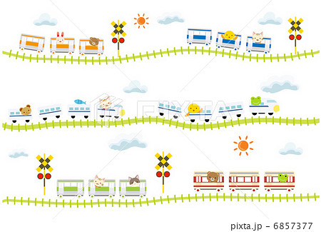 子供向け可愛い踏切のある線路を走る電車のイラスト素材