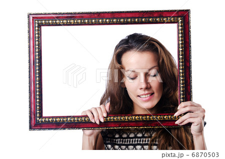 Young woman with picture frame on white Young woman with picture frame on white 6870503