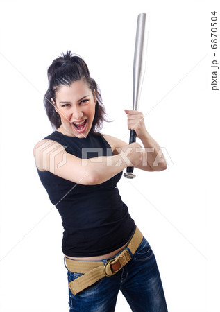 Woman criminal with bat on white Woman criminal with bat on white 6870504