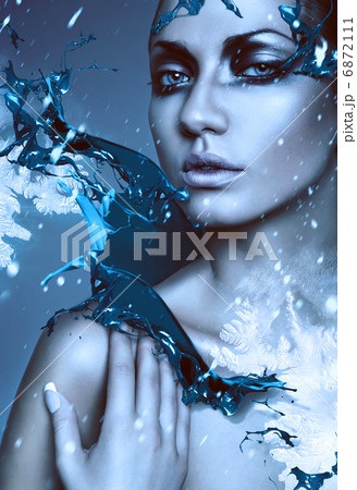 close up portrait of winter woman with blue splash 6872111