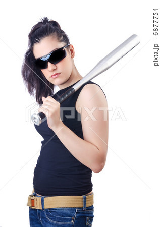 Woman criminal with bat on white Woman criminal with bat on white 6877754