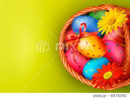 Easter background with Easter eggs and flowers with basket. Vect 6878562