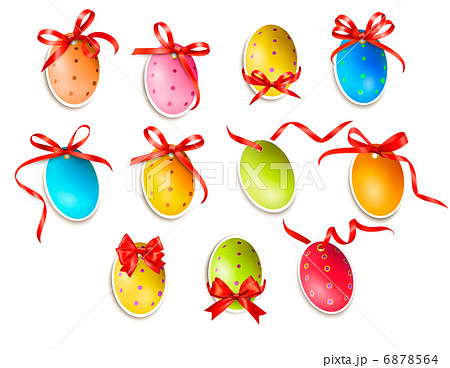 Decorative easter eggs. Easter cards with red bow and ribbons. V Decorative easter eggs. Easter cards with red bow and ribbons. V 6878564