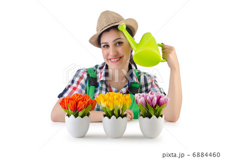 Girl watering plants on white Girl watering plants on white 6884460