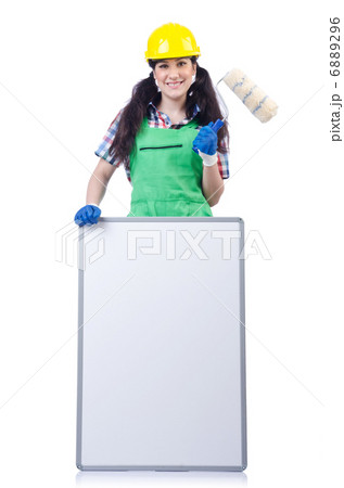Woman builder with blank board Woman builder with blank board 6889296