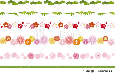 松竹梅と和風の花のラインのイラスト素材 6