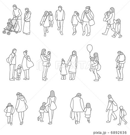 親子のポーズ線画のイラスト素材