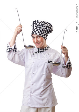 Woman cook with ladle on white Woman cook with ladle on white 6896897