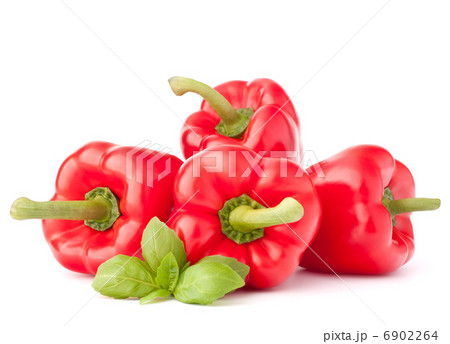 Sweet red pepper and basil leaves still life Sweet red pepper and basil leaves still life 6902264