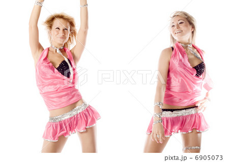 two beautiful dancer girl in pink costumes isolated 6905073