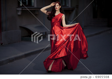 Young Beauty Famous Woman In Red Dress Outdoor 6905508