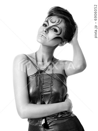 Portrait of beautiful woman with silver bodyart - bw image Portrait of beautiful woman with silver bodyart - bw image 6906052