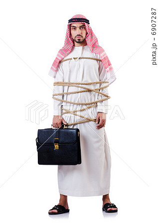 Arab man tied up with rope on white 6907287