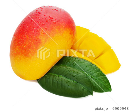 Fresh mango fruit with cut and green leaves isolated on white ba 6909948