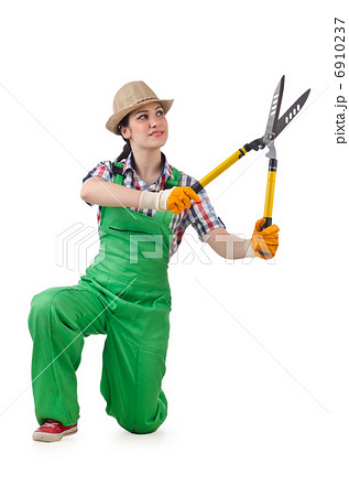 Girl with garden scissors on white 6910237
