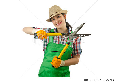 Girl with garden scissors on white 6910743