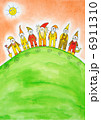 Seven dwarfs, child's drawing, watercolor painting on paper 6911310