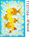Group of gold fish, child's drawing, watercolor painting on paper 6911311