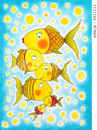 Group of gold fish, child's drawing, watercolor painting on paper 6911311