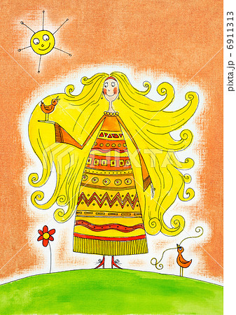 Happy girl with birds, child's drawing, watercolor painting on paper Happy girl with birds, child's drawing, watercolor painting on paper 6911313