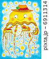 Jellyfish family, child's drawing, watercolor painting on paper 6911314