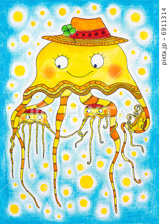 Jellyfish family, child's drawing, watercolor painting on paper Jellyfish family, child's drawing, watercolor painting on paper 6911314