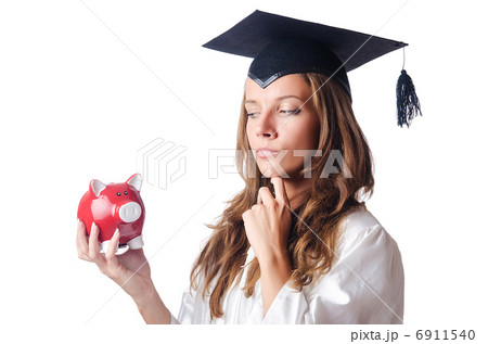 Student and piggy bank on white Student and piggy bank on white 6911540