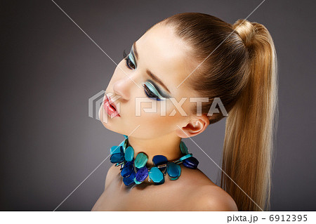 Allure. Profile of Sensual Woman with glazed Green - Blue Jewels. Relax 6912395