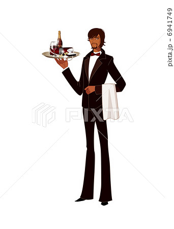 Portrait of waiter holding tray of bottle Portrait of waiter holding tray of bottle 6941749
