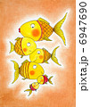 Group of gold fish, child's drawing, watercolor painting on paper 6947690