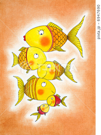 Group of gold fish, child's drawing, watercolor painting on paper 6947690