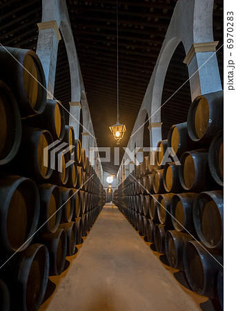 Sherry barrels in Jerez bodega, Spain Sherry barrels in Jerez bodega, Spain 6970283