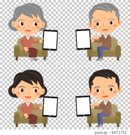 A senior couple and a young couple sitting on a sofa, both holding tablets. A senior couple and a young couple sitting on a sofa, both holding tablets. 6971752