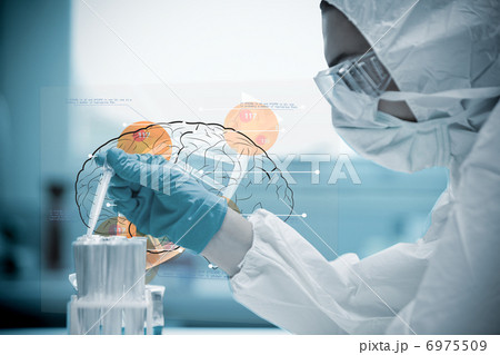 Close up of a protected female scientist dropping liquid in a te Close up of a protected female scientist dropping liquid in a te 6975509