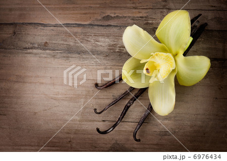 Vanilla Pods and Flower over Wooden Background 6976434