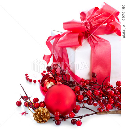 Christmas and New Year Gift Box and Decorations over White 6976490
