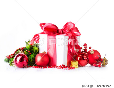 Christmas Gift Box and Decorations isolated on White 6976492