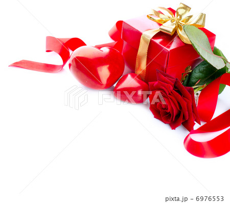 Valentines Hearts, Rose Flower and Gift Box isolated on white Valentines Hearts, Rose Flower and Gift Box isolated on white 6976553