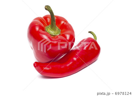 Two red bulgarian peppers isolated on white 6978124