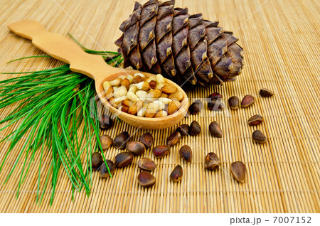 Nuts and cone of cedar on a bamboo mat 7007152