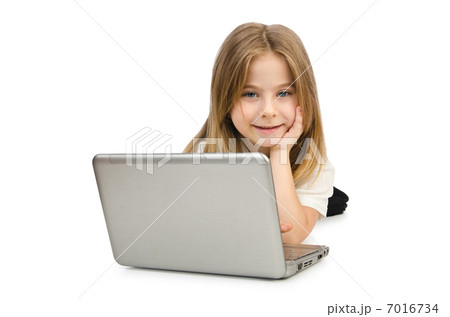 Cute girl with laptop on white 7016734