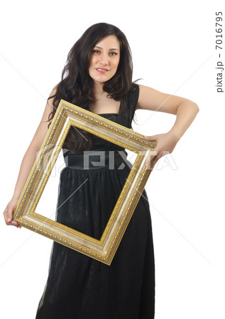 Woman with picture frame on white 7016795